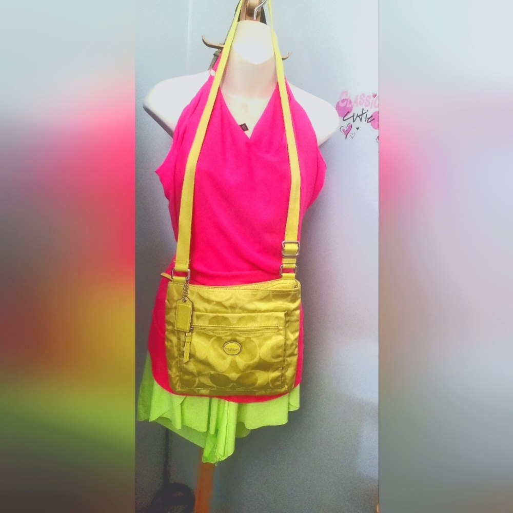 Coach Signature C pattern neon nylon yellow crossbody